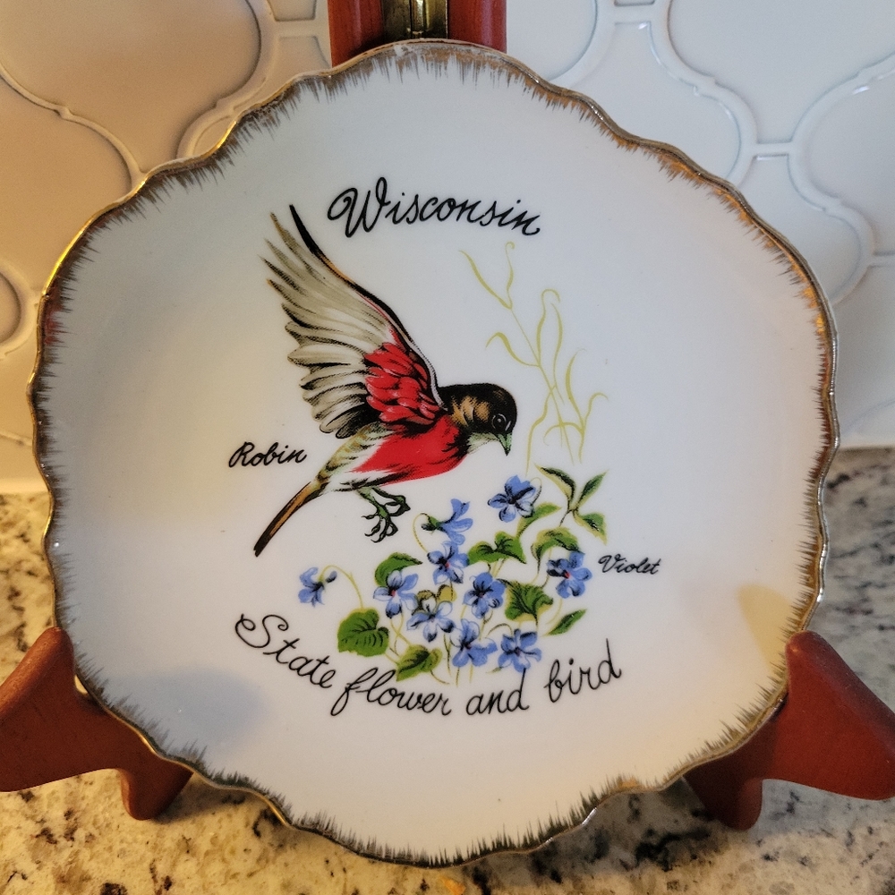 Vintage Wisconsin State Souvenir Plate Flower and Bird